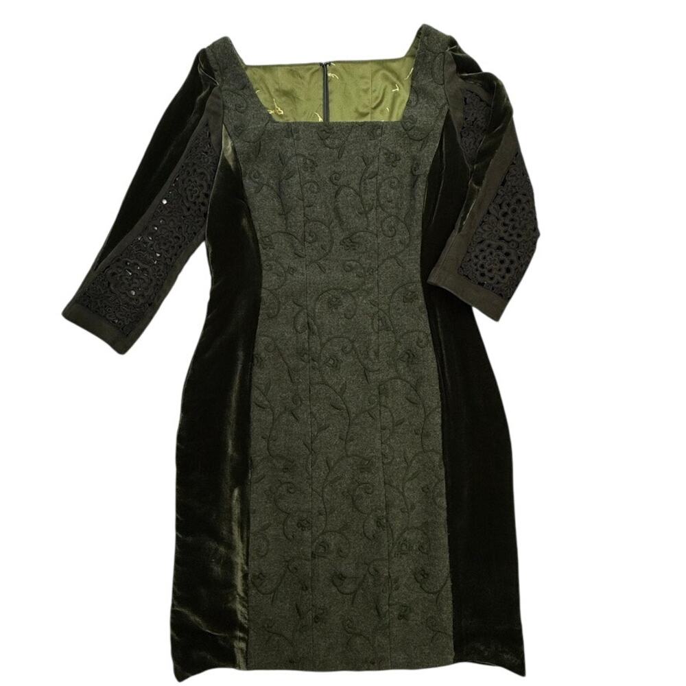 Emanuel Ungaro Paris Velvet Mixed Media Dress Olive Embroidered Artwear